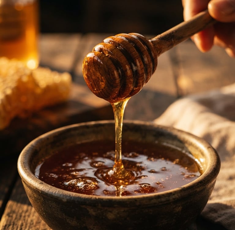 Close-up of premium organic honey dripping from a wooden dipper, dramatic golden hour lighting, rich high-contrast tones, 35mm cinematic film look