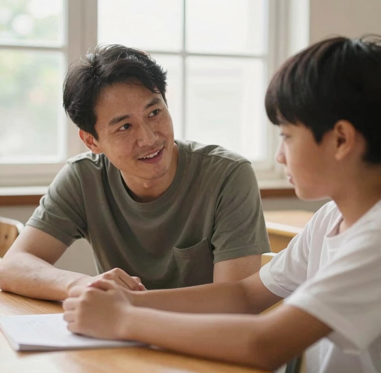 A close-up photograph of a mentor guiding a young student at a wooden desk, warm natural daylight filtering through a window, shallow depth of field, authentic human connection.