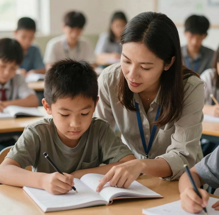 A warm natural daylight photo of an active community learning environment, a mentor guiding a young student over a notebook, shallow depth of field, 35mm lens
