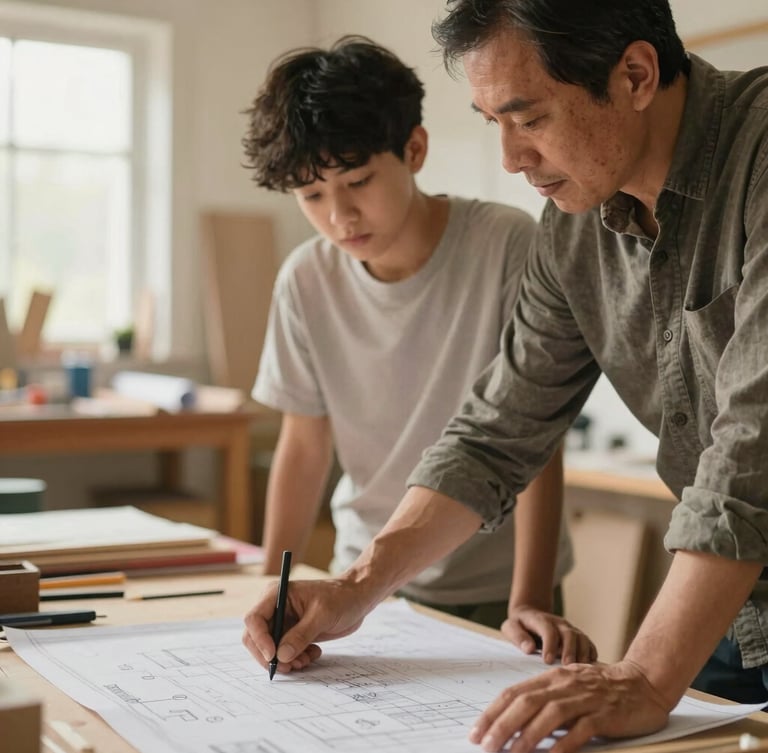 Close-up of a mentor guiding a young adult over a blueprint in a warm, sunlit community workshop, shallow depth of field, 35mm lens