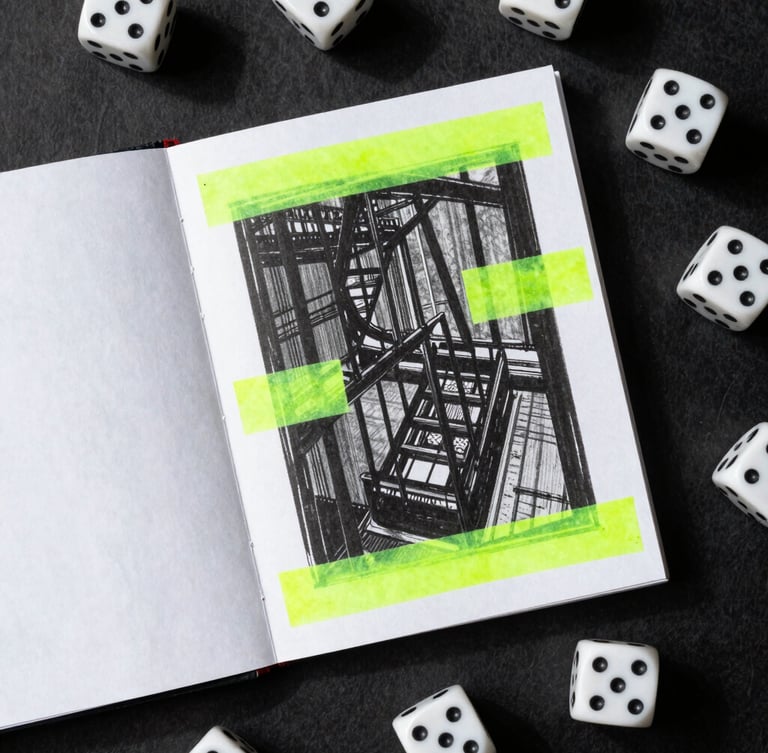 Overhead flat-lay of a photocopied zine booklet with harsh shadows, dice scattered on textured black paper, neon green highlighter marks on the page