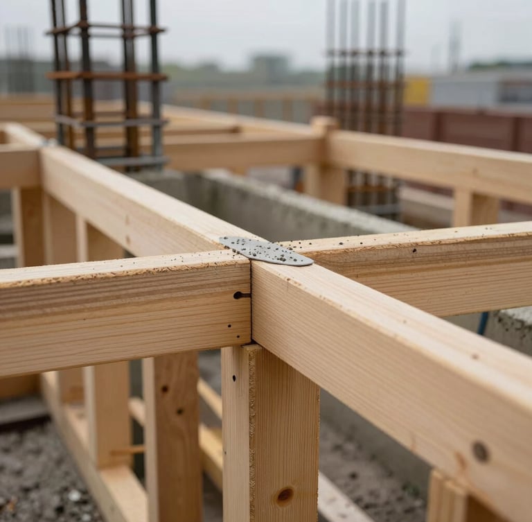 Extreme close-up of crisp timber formwork before a concrete pour, showcasing clean joints and precise steel reinforcement bars, overcast daylight.