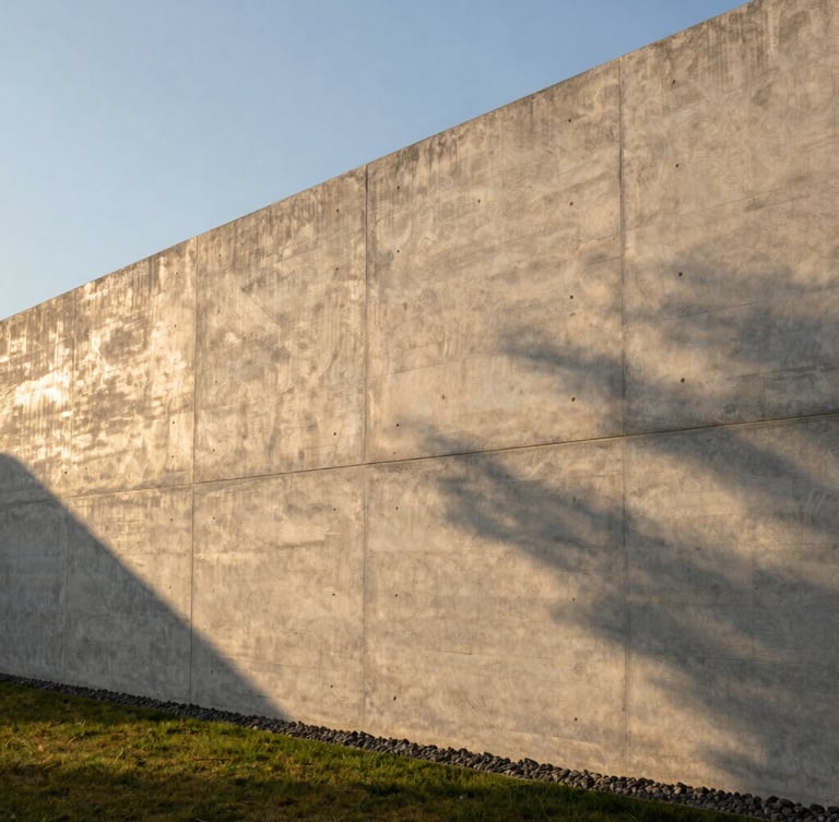 Straight-on architectural elevation of a massive board-formed concrete retaining wall, low-angle golden hour sunlight casting sharp shadows of timber grain texture, minimalist landscaping.