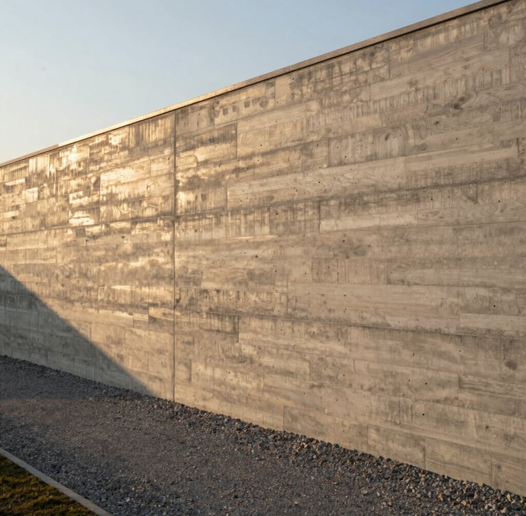 Straight-on architectural elevation of a massive board-formed concrete retaining wall, crisp timber textures highlighted by low-angle golden hour sunlight, clean gravel path below.