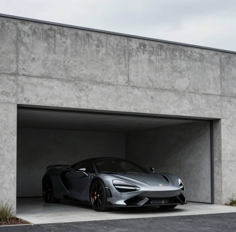 Minimalist architectural crop of a modern concrete garage showing the sharp geometric silhouette of a luxury sports car under cool overcast daylight