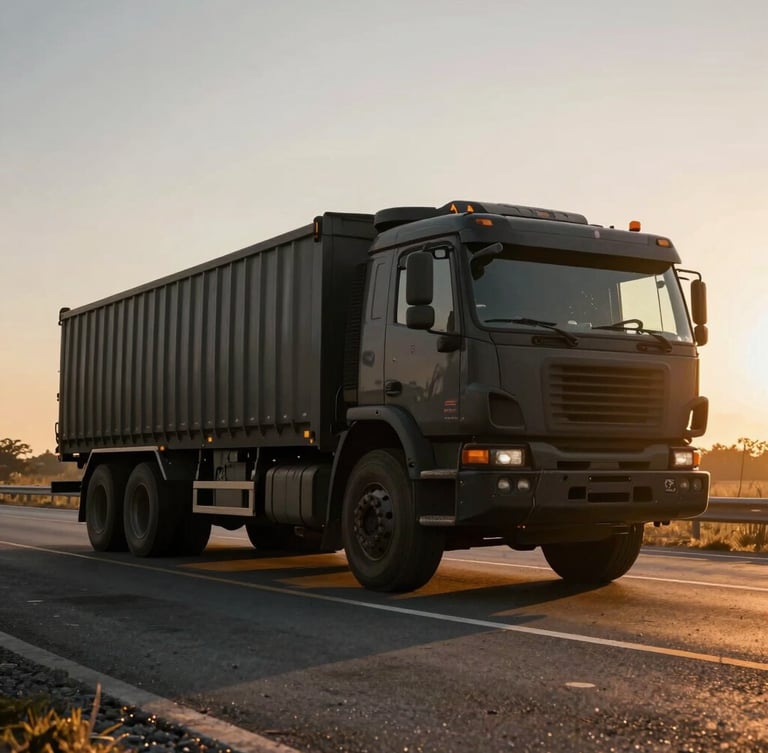 Low-angle dynamic shot of a heavy-duty cargo truck parked on an asphalt highway during golden hour, high-contrast gritty industrial style, 35mm lens