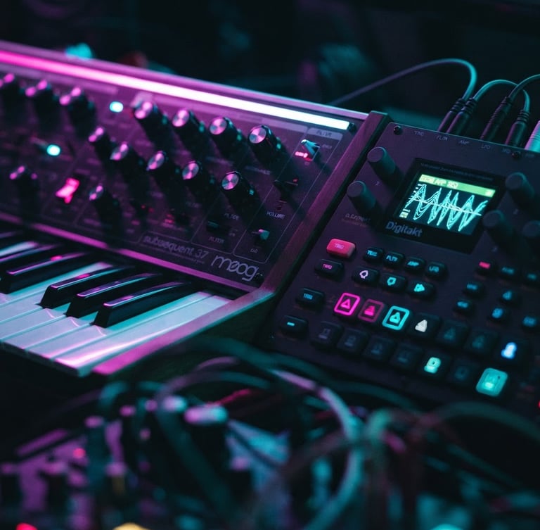 Macro shot of a modern synth keyboard and drum machine under sharp magenta and cyan neon rim lighting, shallow depth of field, dark moody studio environment.
