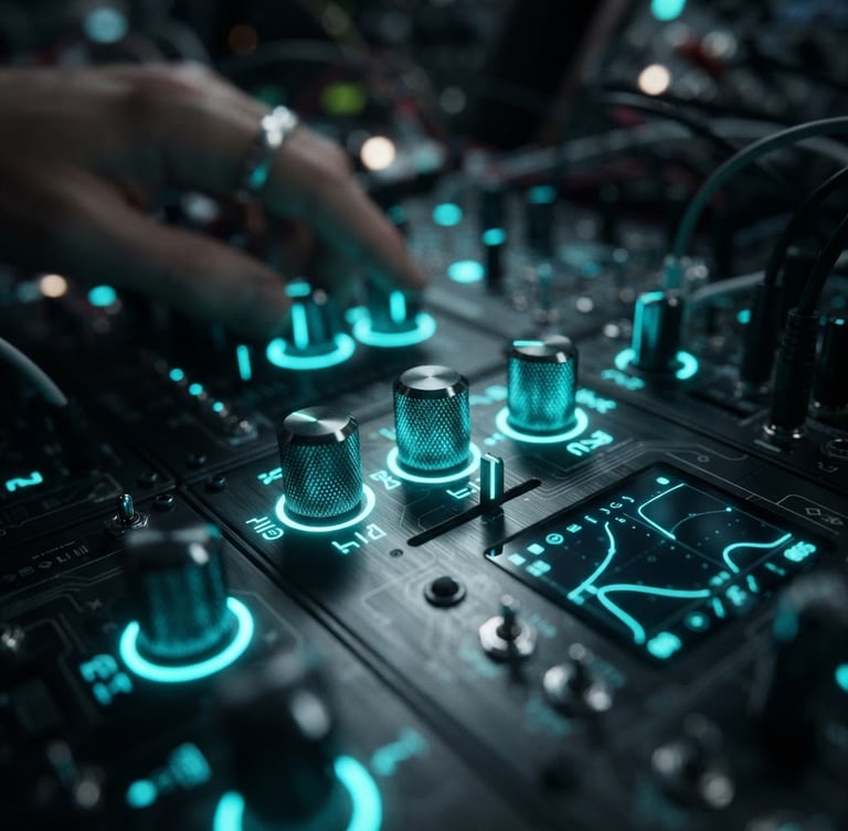 Tight close-up of a futuristic synthesizer panel, glowing neon cyan LED knobs, dark moody studio background, shallow depth of field.