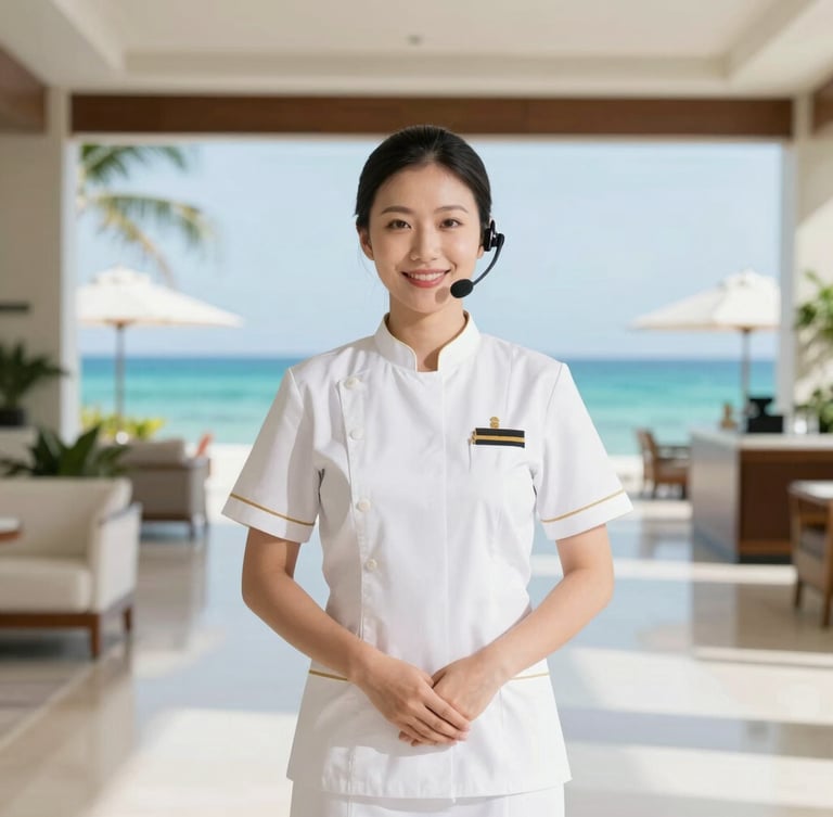 A professional resort guest relations manager in a clean white uniform standing in a bright, sunlit tropical resort lobby, turquoise ocean visible in the background, high-end hospitality setting.