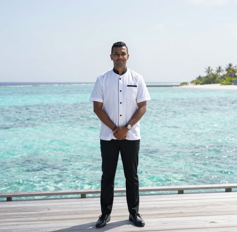 Bright editorial photography of a professional Maldivian resort manager in a crisp uniform standing on a sunny wooden deck, sparkling turquoise water in the background, natural tropical daylight.