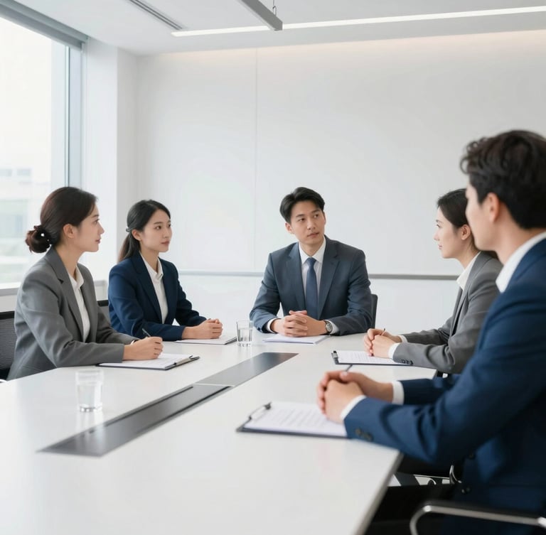 Professional corporate team meeting in a bright, sunlit conference room with clean white and blue tones, modern architectural lines, professional editorial style