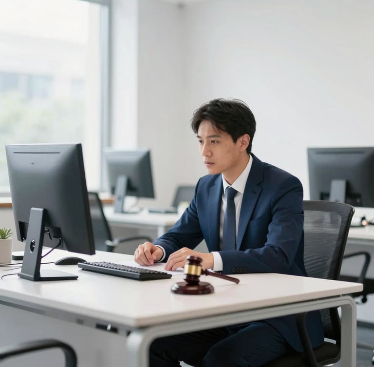 A professional legal consultation in a bright, modern office, natural daylight, clean white and blue tones, sharp focus
