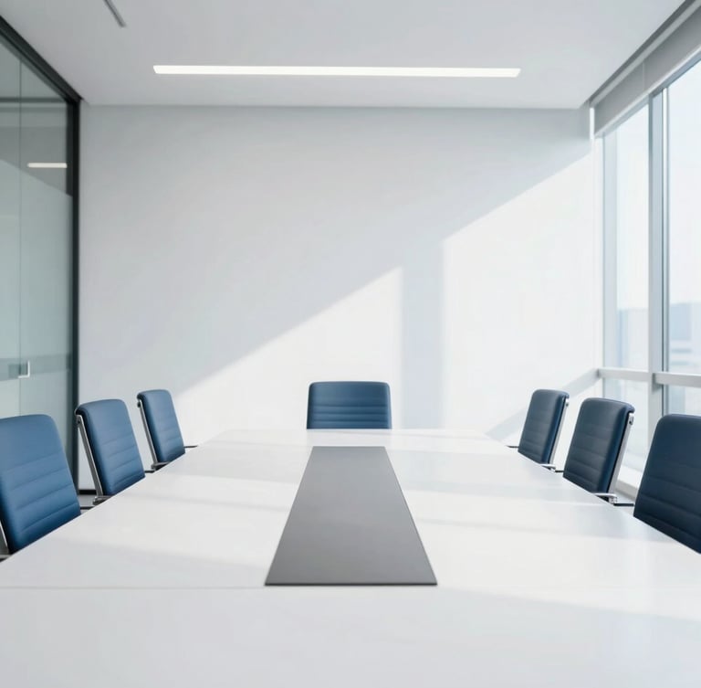 High-key modern corporate office meeting room, bright natural daylight, clean white and blue tones, sharp focus, professional editorial style