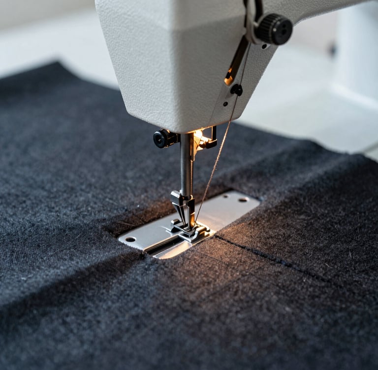 Macro close-up of heavy industrial sewing machine stitching thick charcoal fabric, warm studio lighting, sharp details of thread tension, 35mm