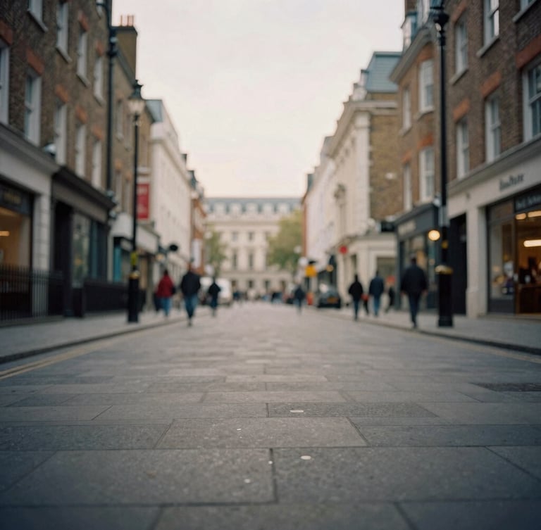 Wide shot of a moody Covent Garden streetscape with soft London daylight, shallow depth of field, off-center composition, 35mm film grain.