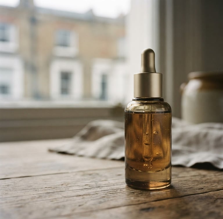 Close-up of a high-end beauty product bottle, elegantly lit, with soft London daylight, shallow depth of field, placed off-center to the right, desaturated warm tones, 35mm film grain.