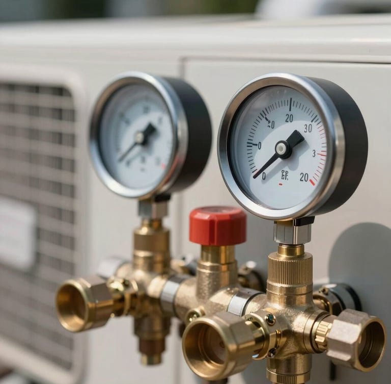 Close-up of manifold gauges connected to air conditioning brass valves, bright daylight, focus on technical dials.