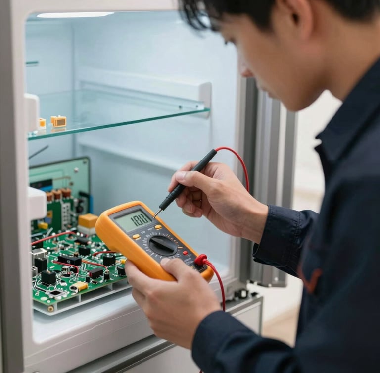 A close-up shot of a technician in a dark navy uniform using a digital multimeter to test a circuit board inside a modern refrigerator, bright natural lighting.