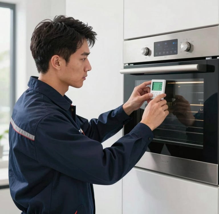 A clean-cut technician in a branded navy uniform calibrating a digital thermostat on a modern wall oven, natural bright lighting.