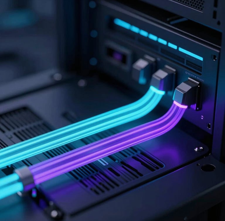 Sleek tech photography, macro shot of glowing cyan and violet data pipelines on a dark server interface, futuristic dark mode