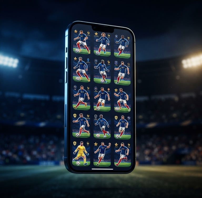 Sleek editorial sports photography, dramatic stadium rim lighting, patriotic blue and gold tones, crisp studio focus, 35mm. A modern smartphone mockup floating over a dark stadium background, displaying a high-definition digital sticker page of French football players.