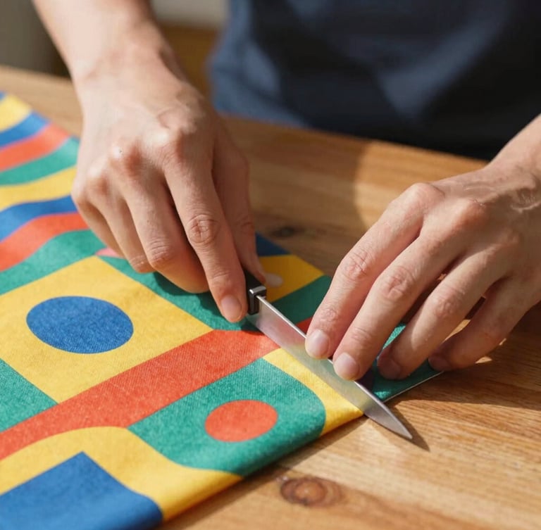 Eye-level close-up of hands carefully cutting colorful geometric patterned fabric on a wooden table, warm natural daylight, shallow depth of field