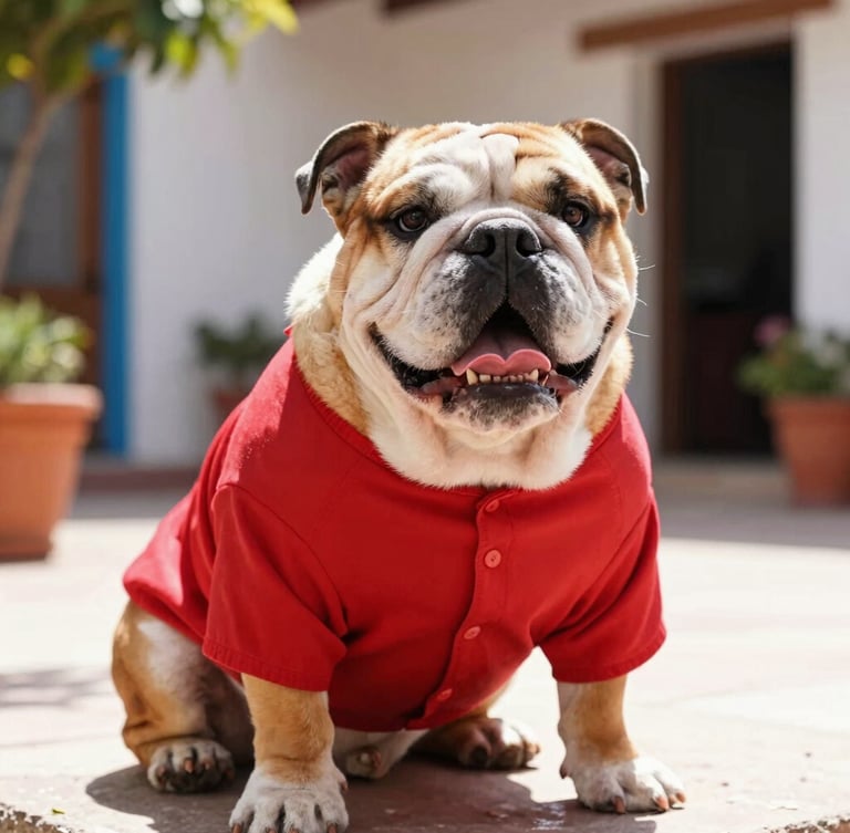 Eye-level portrait of a happy bulldog wearing a custom vibrant red shirt, sitting comfortably in a brightly lit Mexican patio, warm natural daylight, 35mm