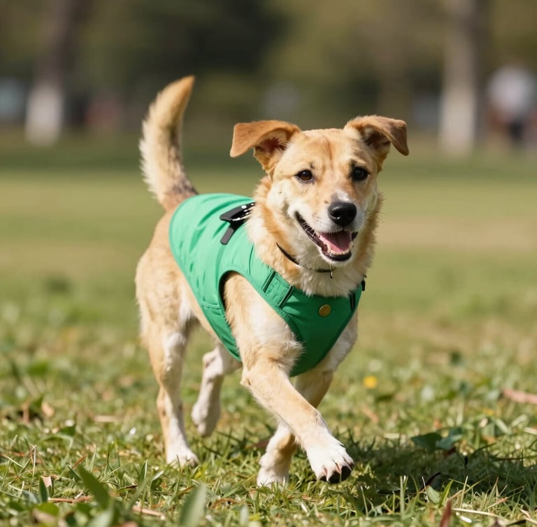 A happy three-legged mixed breed dog running joyfully in a park wearing a custom-fit green vest, bright sunny day, warm editorial pet photography