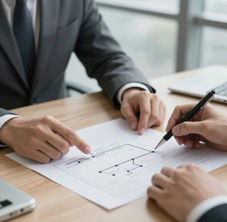 Close-up detail of hands reviewing a structured project roadmap on a clean wooden desk, modern corporate office environment, cool natural daylight