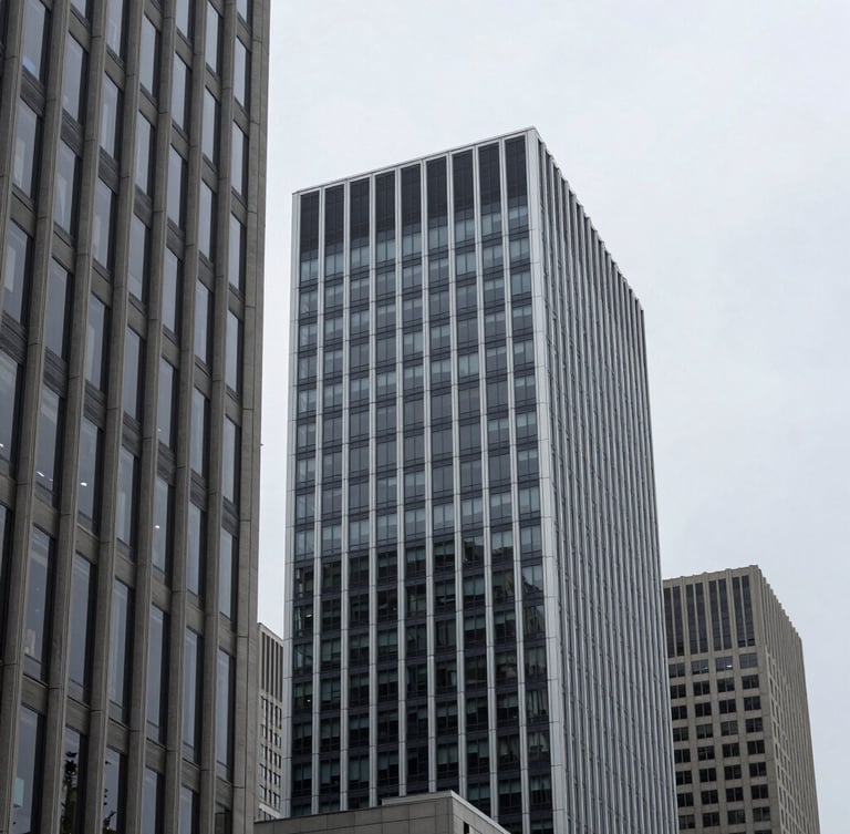 Crisp corporate photography, cool overcast daylight, architectural lines of a modern Ontario business district, sharp focus, professional lens, 35mm