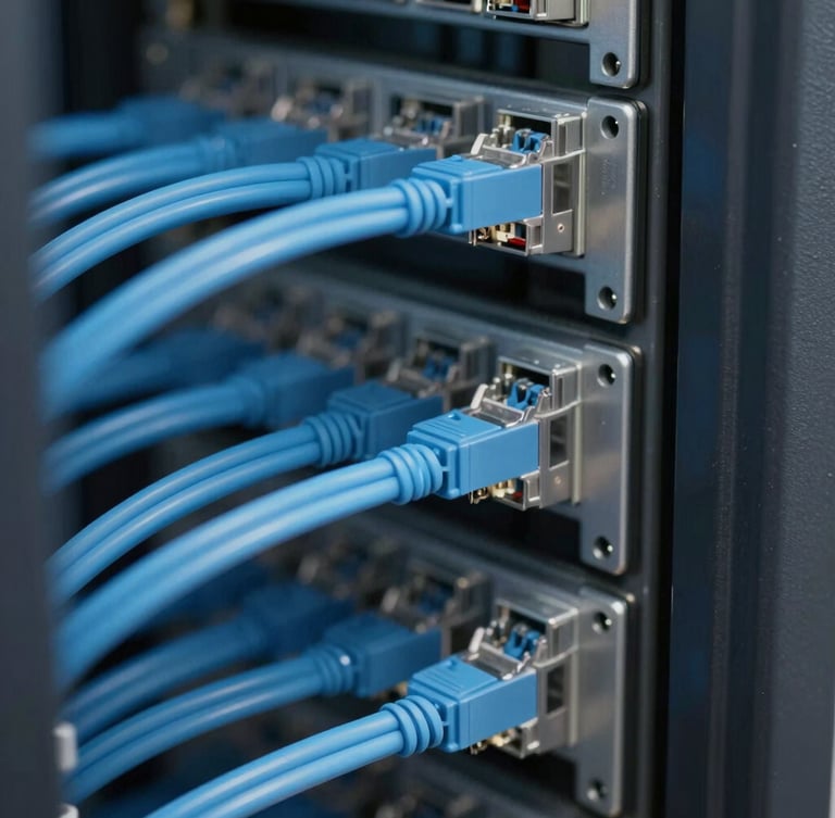 Macro shot of a clean server rack with perfectly organized blue ethernet cables, soft cool daylight, 35mm