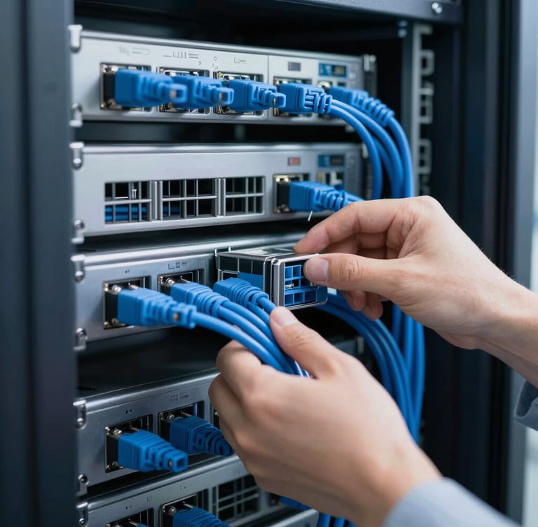 A professional technician configuring a clean server rack with organized blue cabling, soft cool daylight, sharp macro focus