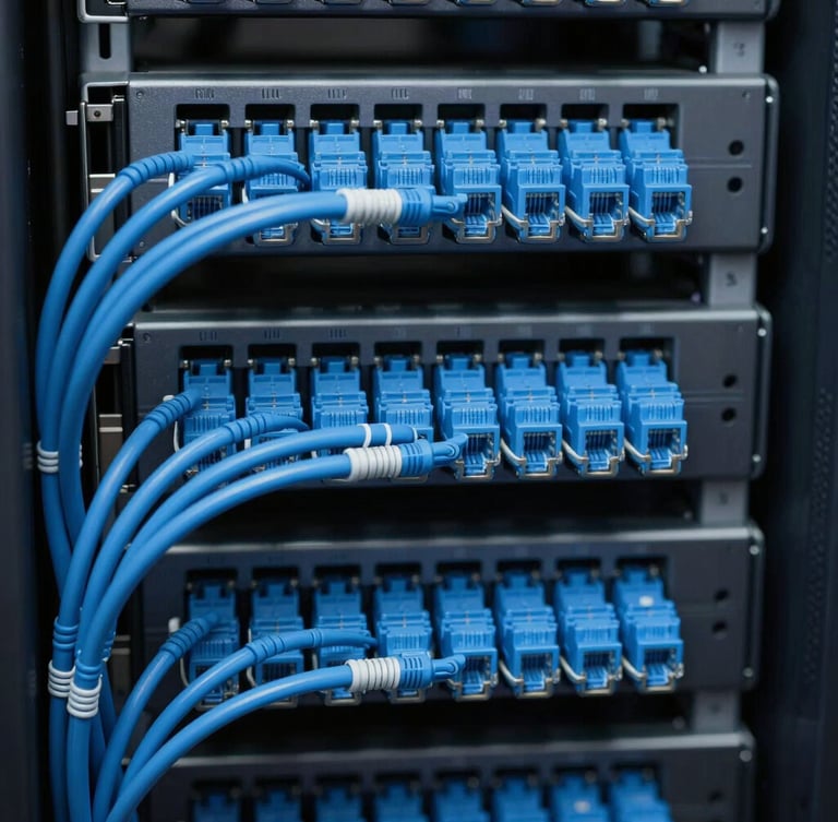 Close-up of neatly organized blue network cabling in a clean server rack, minimalist tech aesthetic, 35mm