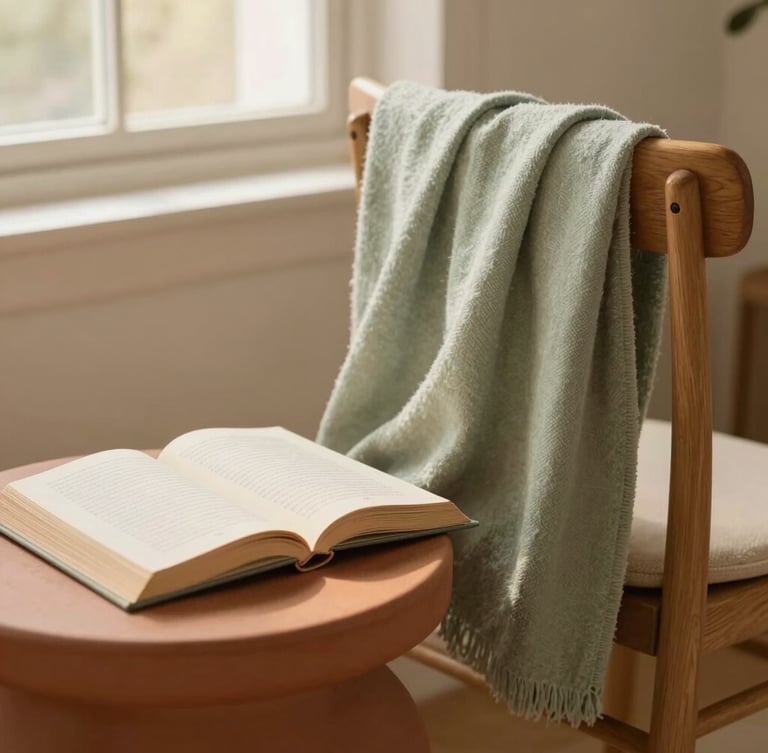 A cozy reading corner with a soft sage textile throw on a wooden chair, an open book on a warm terracotta-toned side table, soft morning window light, warm editorial photography style.