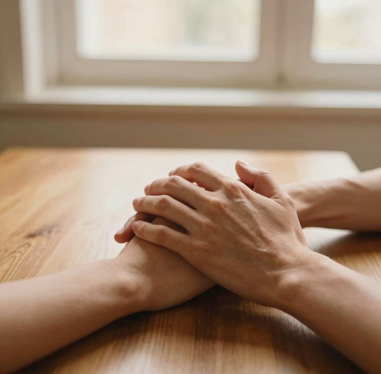 Close-up of two hands gently resting together on a warm wooden table, soft morning window light, shallow depth of field, 35mm editorial photography