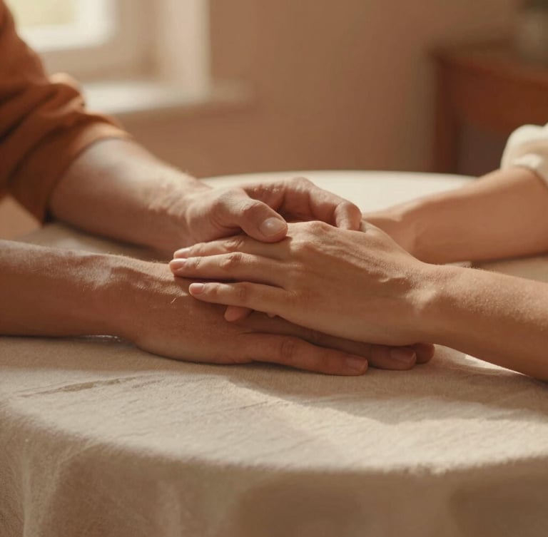 Close-up of two hands gently resting together on a soft linen tablecloth, warm golden-hour glow, muted terracotta tones, 35mm editorial photography