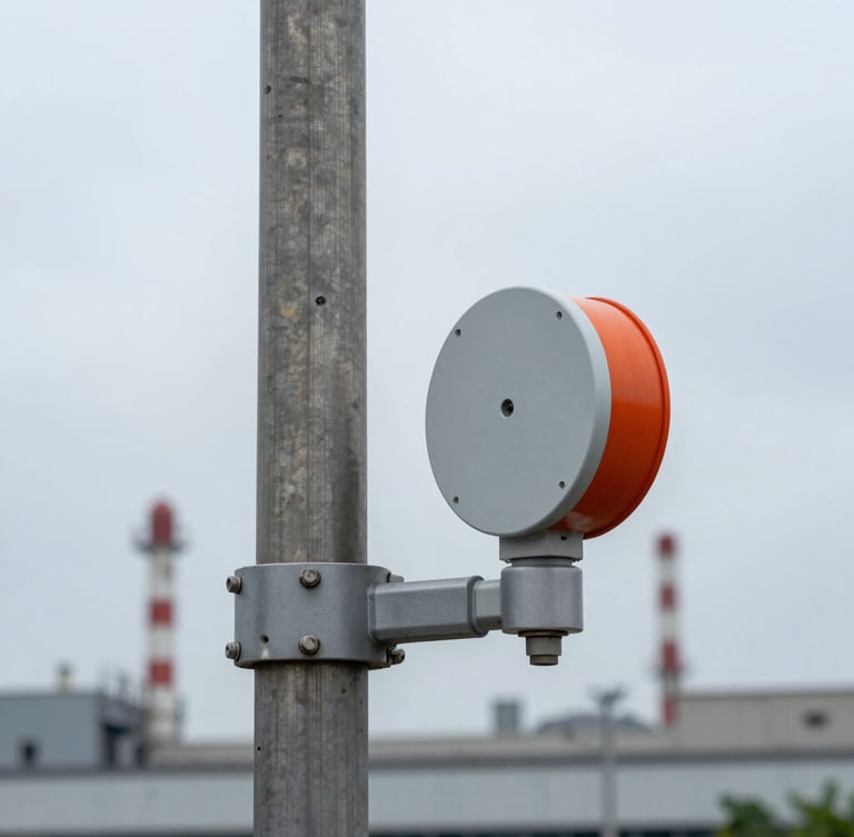 A rugged air quality sensor mounted on a clean steel utility pole against an overcast urban industrial sky, sharp focus, 35mm.