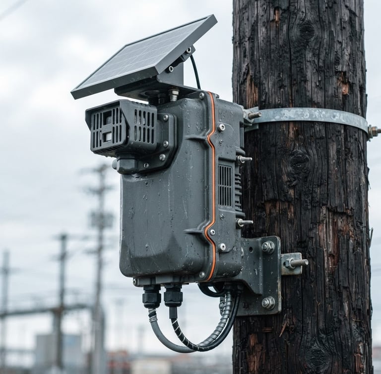 Sharp industrial photography of a rugged, solar-powered outdoor air-quality monitor mounted on a weathered utility pole. High-detail macro shot showing the matte dark gray casing and a precise safety-orange accent line. Crisp overcast daylight, desaturated cool tones, 35mm.