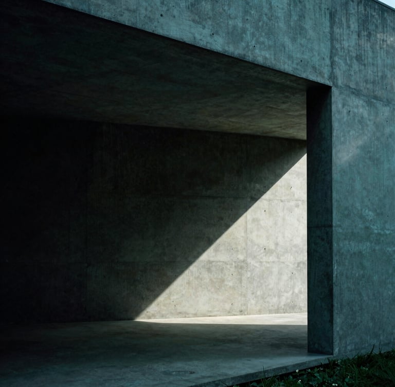 Minimalist architectural detail of a modern concrete and steel pavilion, dramatic side-lighting, deep charcoal and emerald tones, high contrast, 35mm