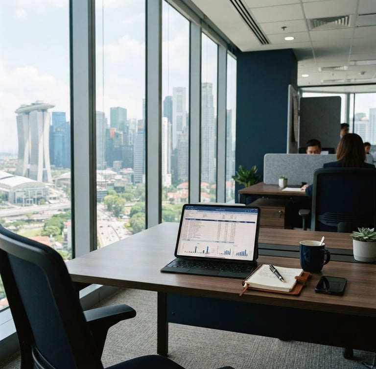 Bright natural daylight office in Singapore central business district, modern glass windows, professional corporate desk with digital tablet showing clean ledger spreadsheet, 35mm photography