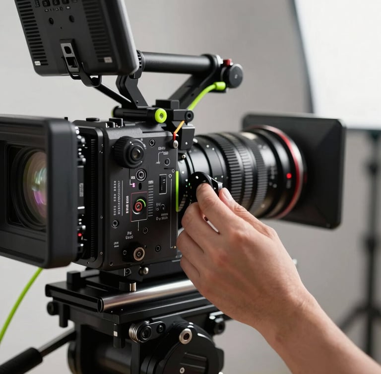 Extreme close-up of a high-end cinema camera rig in a stark studio, raw key light casting hard shadows, hands adjusting the focus ring, neon green accent cables visible.