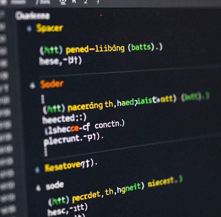 Extreme close-up of high-contrast code blocks on a dark screen, showing header bidding configuration scripts, hard shadows, direct key light.