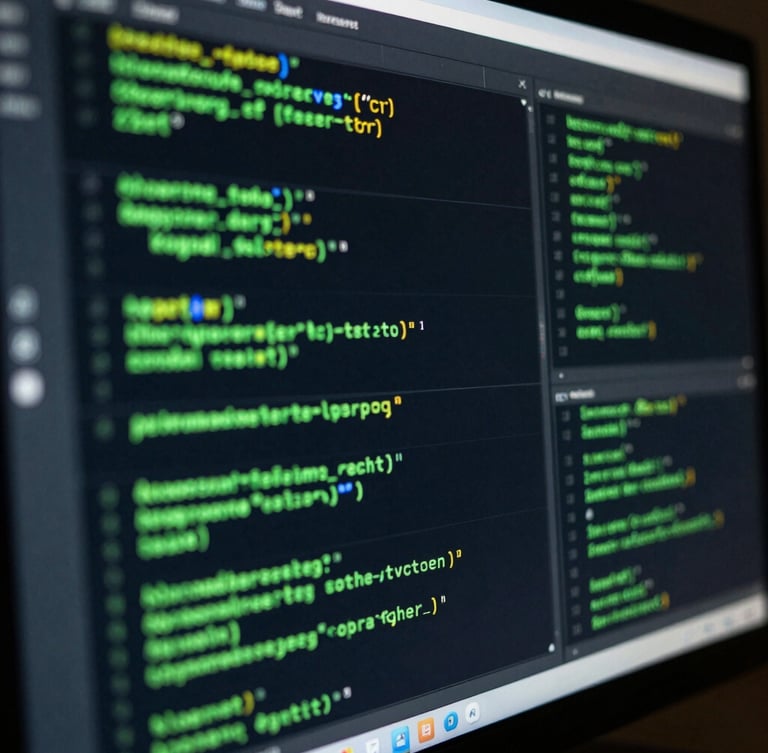 Extreme close-up of a high-contrast ad-ops dashboard on a monitor, sharp code blocks visible, glowing neon green metrics, dark background with hard key light.