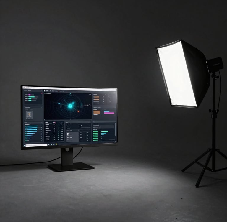 Wide panoramic 21:9 frame of an active ad-ops dashboard on a monitor to the left, an unpolished studio lighting rig to the right, high-contrast hard shadows from direct flash, deep charcoal tones.