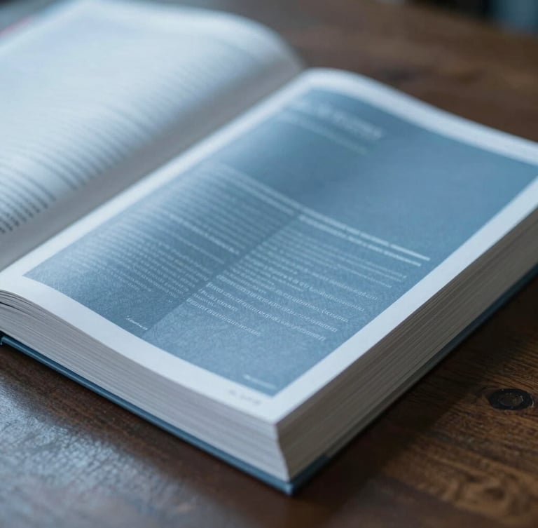 Editorial close-up of peer-reviewed scientific journals stacked on a dark wooden desk, soft natural daylight, cool blue tones, shallow depth of field, 35mm