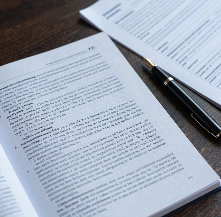 A close-up flat lay of a peer-reviewed scientific manuscript on a dark wooden desk, next to a classic fountain pen and structured research notes, shot in clean editorial style with soft natural daylight.