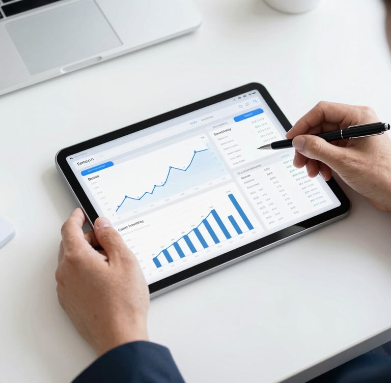 Overhead clean desk layout with a tablet showing a simplified financial dashboard, hands holding a pen, bright natural daylight with cool blue accents, sharp focus, 35mm