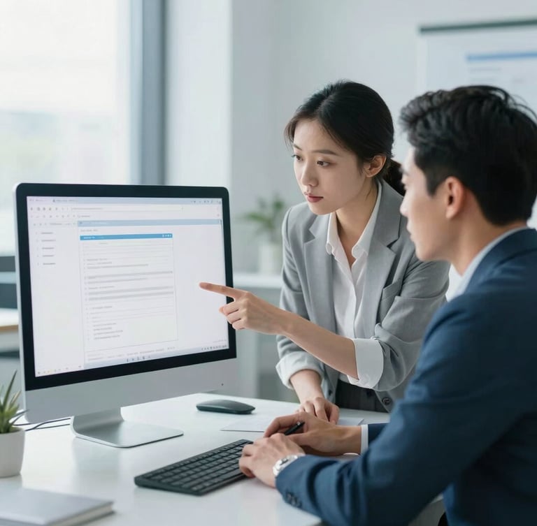 Focused collaborative consulting session in a modern bright workspace, two people analyzing a clean screen layout, professional daylight, soft cool blue atmosphere, 35mm