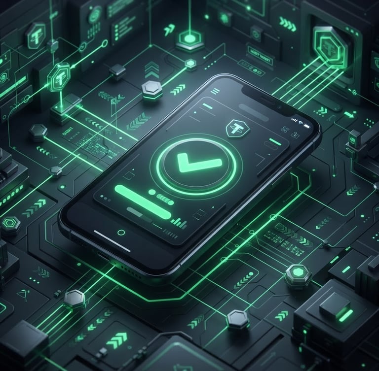 Sleek mobile payment screen showing a successful USDT purchase confirmation, electric green highlights, dark fintech aesthetic, isometric perspective, secure transaction nodes in background.