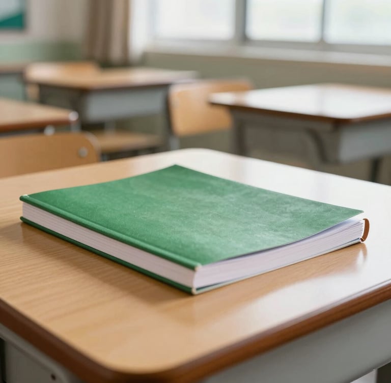 A close-up of neat study materials, a green notebook, and a wooden desk in a bright classroom, soft natural light, professional editorial style